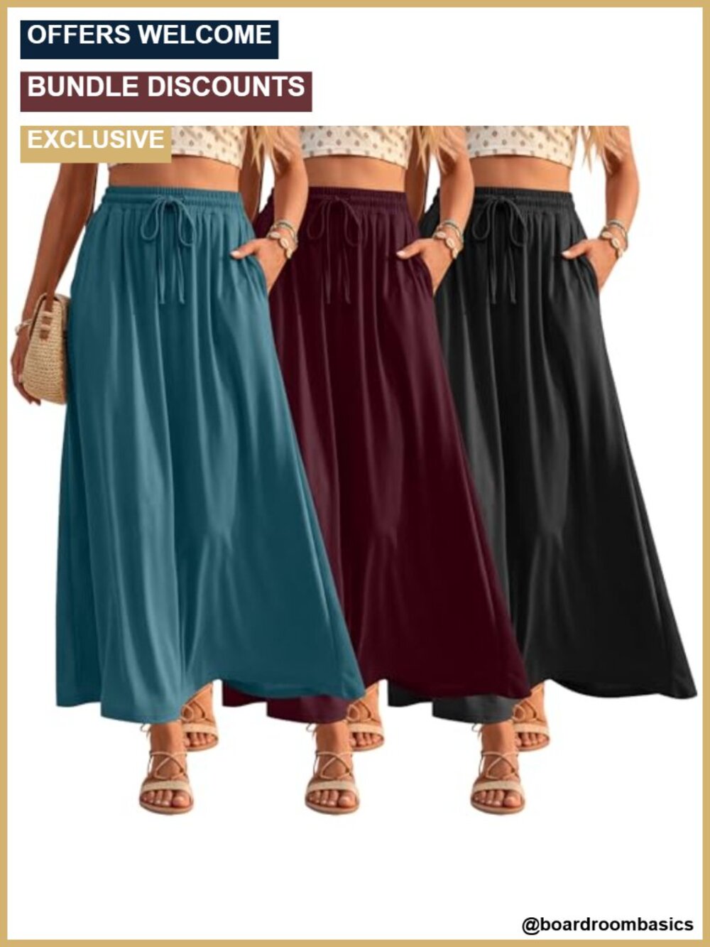 3 Pack Women's Maxi Skirts Ankle Length A-Line Drawstring Waist with Pockets